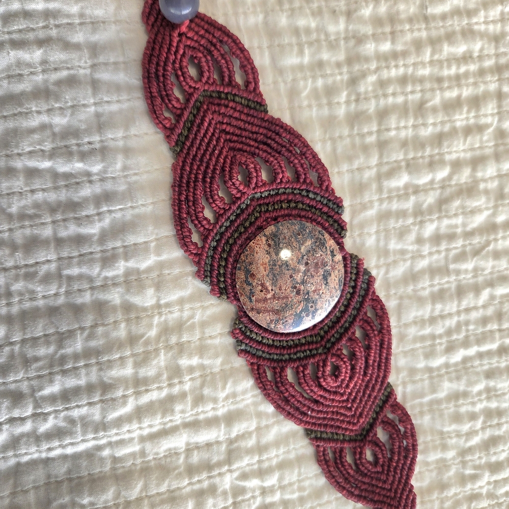 Handcrafted Burgundy Macramé Bracelet with Stone Accent